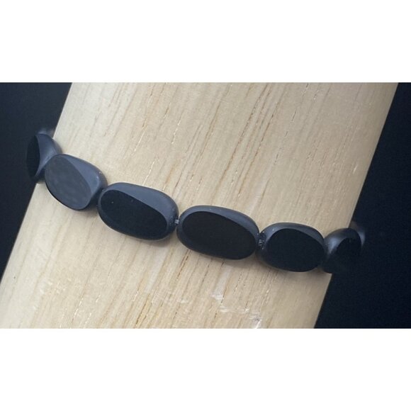 Vtg Black Onyx Bracelet Flat Bevel Bead Tests Sterling Silver Spring Ring 7.5 in - Picture 6 of 8